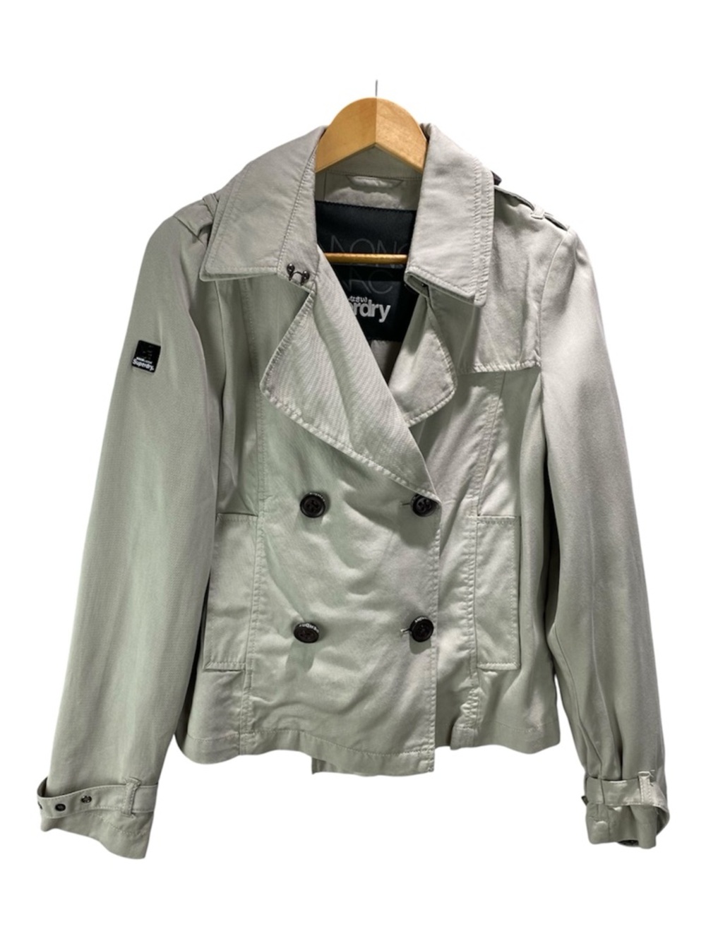 SuperDry Mono Mac Cropped Trench Coat Size M Bone Lyocell Lightweight Draped